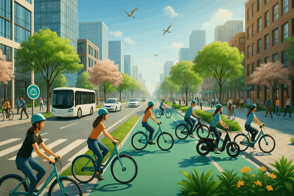 Personas disfrutando del buen tiempo con movilidad sostenible en bicicleta eléctrica