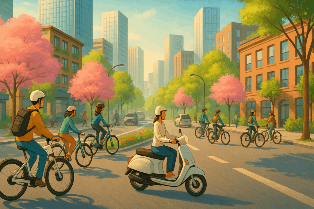 moto eléctrica de carga circulando por ciudad en primavera