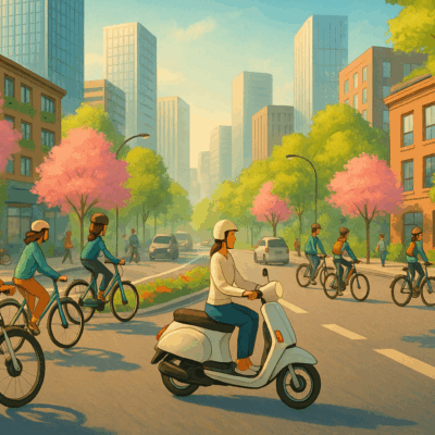 moto eléctrica de carga circulando por ciudad en primavera
