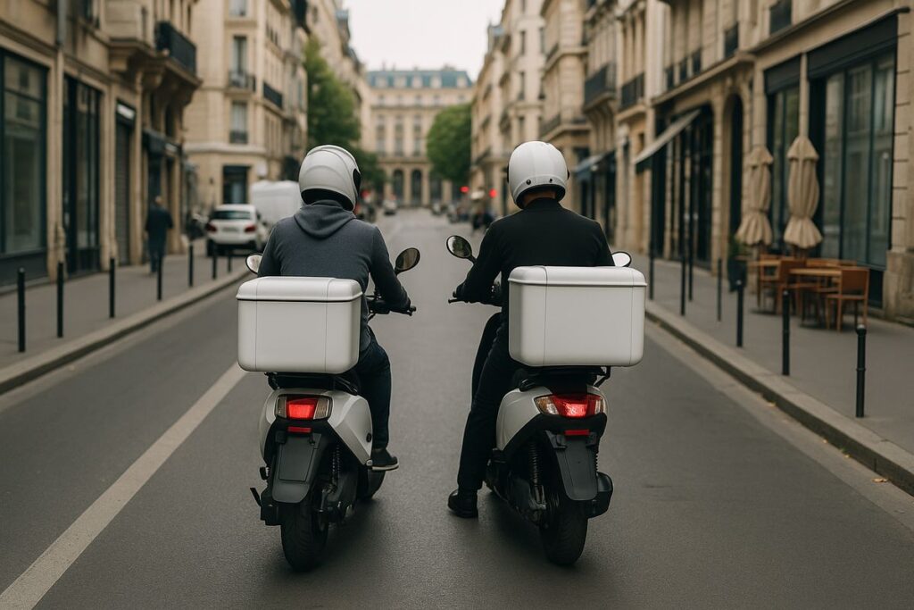Dos repartidores en motos eléctricas de espaldas circulando por una ciudad, optimizando la última milla de entregas sin emisiones