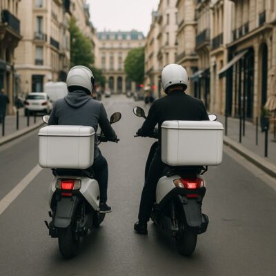 Dos repartidores en motos eléctricas de espaldas circulando por una ciudad, optimizando la última milla de entregas sin emisiones