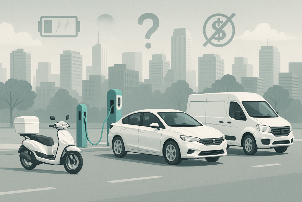 Ilustración de vehículos eléctricos —moto, coche y furgoneta— cargando en una ciudad moderna, simbolizando los mitos superados en 2025