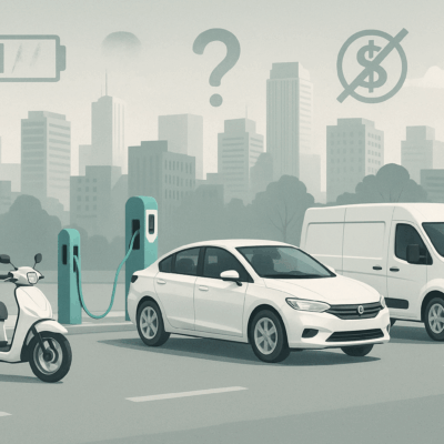 Ilustración de vehículos eléctricos —moto, coche y furgoneta— cargando en una ciudad moderna, simbolizando los mitos superados en 2025