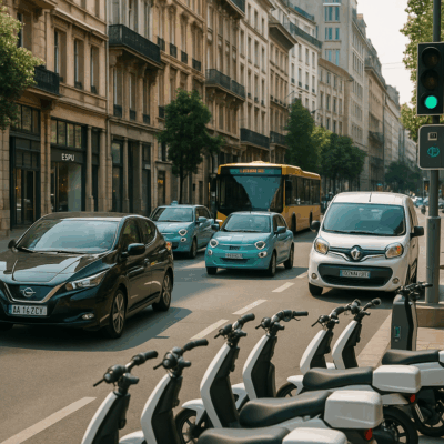 Fotografía realista de una ciudad española moderna con coches, motos y autobuses eléctricos circulando por una avenida urbana sostenible representando la movilidad sostenible