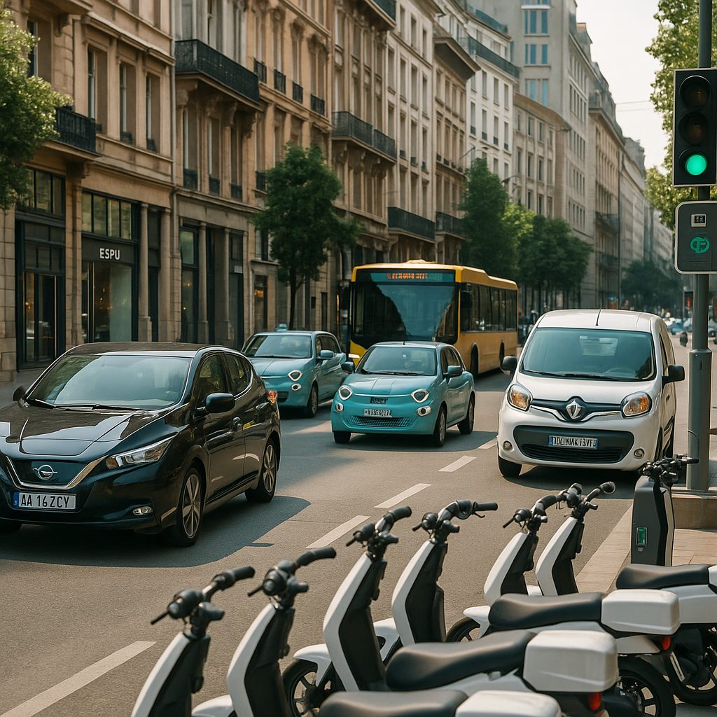 Fotografía realista de una ciudad española moderna con coches, motos y autobuses eléctricos circulando por una avenida urbana sostenible representando la movilidad sostenible