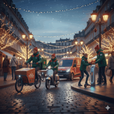 Imagen representativa del aumento del reparto sostenible durante la Navidad, con scooters y vehículos eléctricos operados por Inquieto en un entorno urbano nevado. Ideal para artículos sobre logística ecológica, movilidad eléctrica y última milla