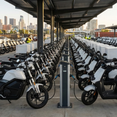 Flota de motos eléctricas para reparto urbano cargando en una base logística, ejemplo de electrificación de flotas en entornos urbanos.