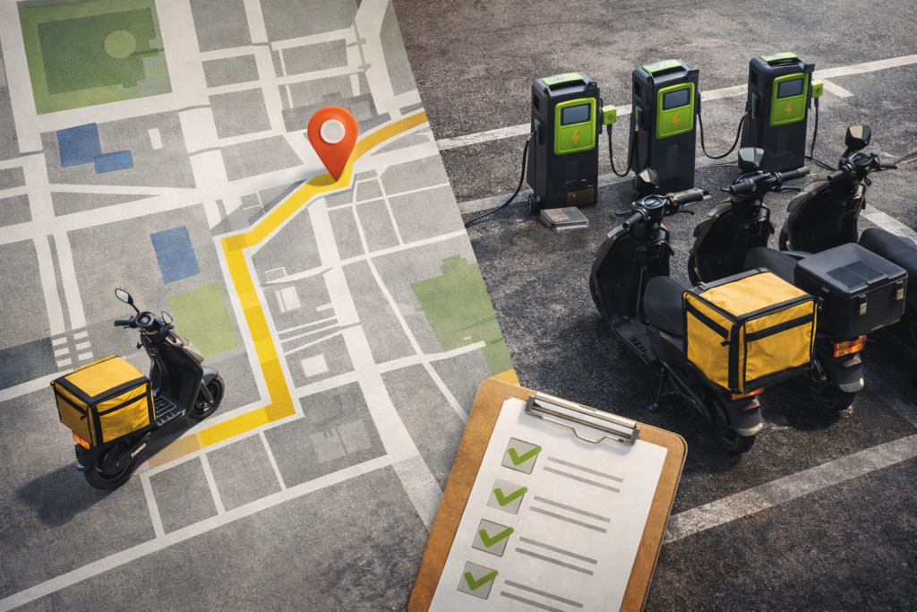 Mapa de ruta urbana con scooters eléctricos y puntos de carga para optimizar reparto