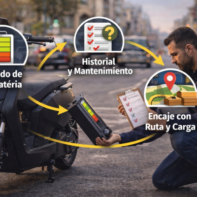 Persona revisando una moto eléctrica de segunda mano con batería extraíble y checklist de compra