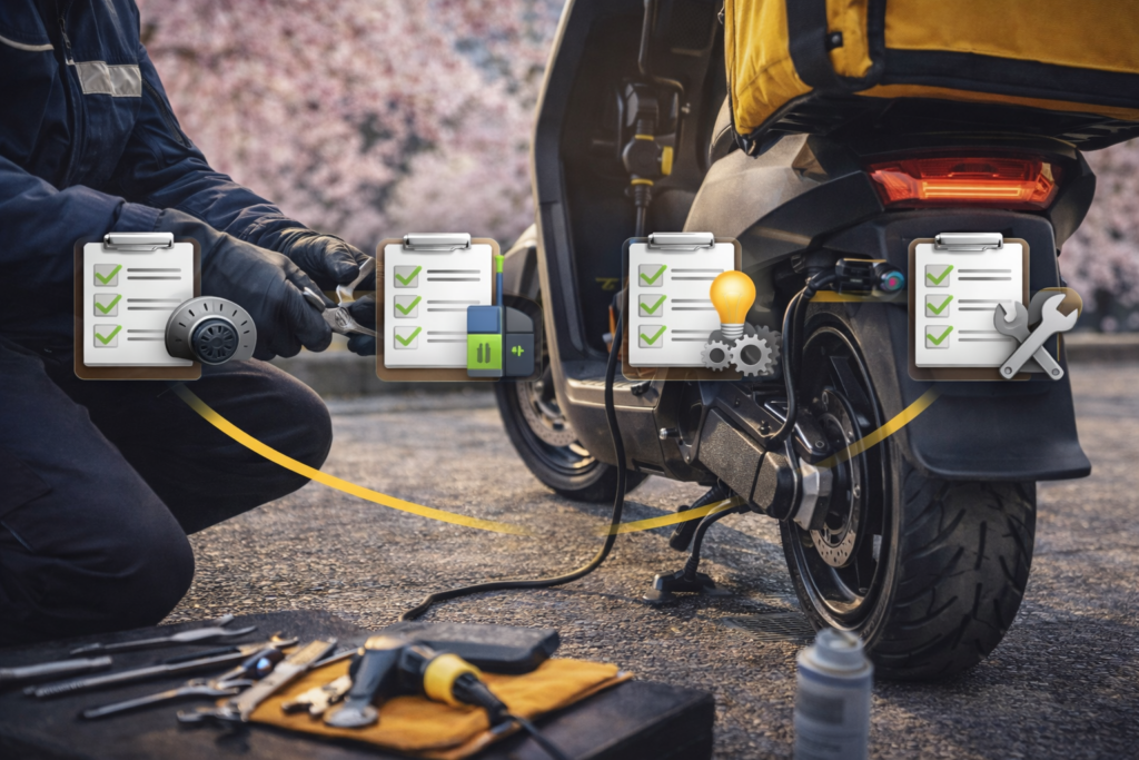 ecánico revisando un scooter eléctrico con checklist de mantenimiento, carga y neumáticos en primavera