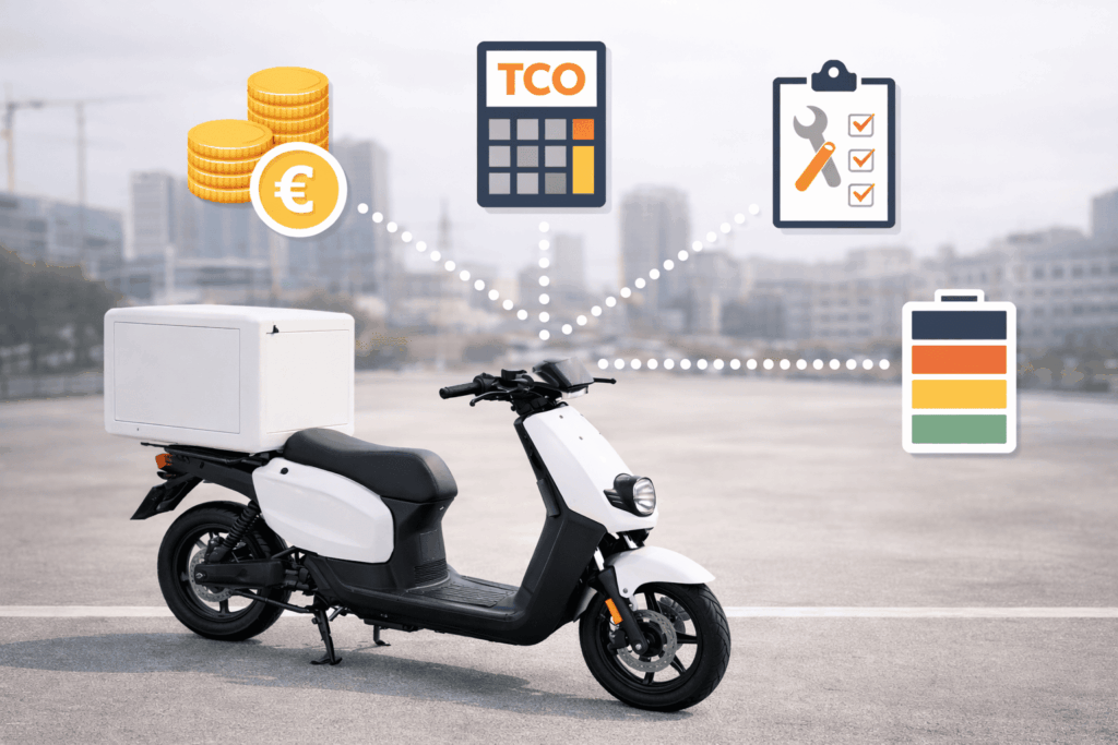 Moto eléctrica de reparto en entorno urbano con elementos que representan el coste total de propiedad (TCO).