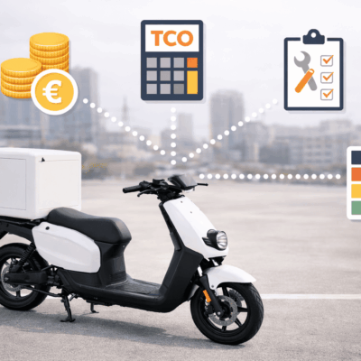 Moto eléctrica de reparto en entorno urbano con elementos que representan el coste total de propiedad (TCO).