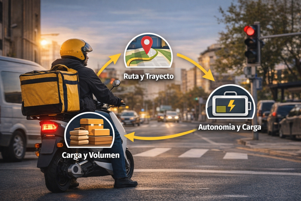 Repartidor en moto eléctrica con iconos de ruta, carga y autonomía para food delivery