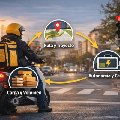 Repartidor en moto eléctrica con iconos de ruta, carga y autonomía para food delivery