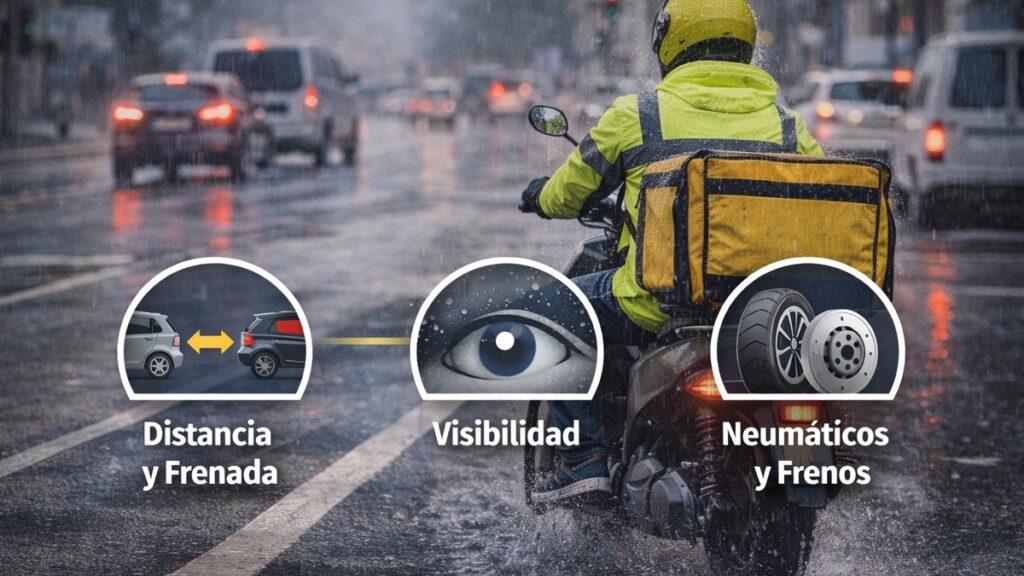 Rider de reparto circulando bajo la lluvia con iconos de distancia de frenada, visibilidad y neumáticos y frenos