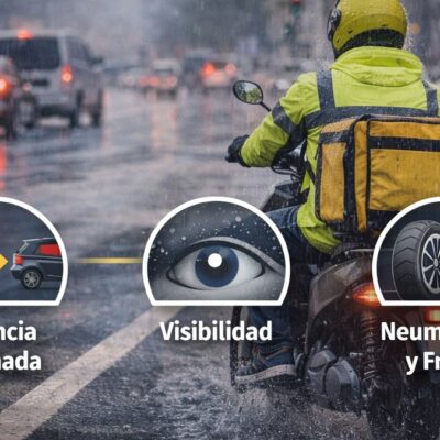 Rider de reparto circulando bajo la lluvia con iconos de distancia de frenada, visibilidad y neumáticos y frenos