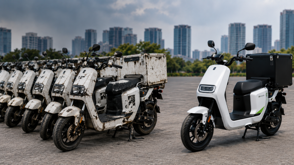 Flota de motos eléctricas usadas junto a una moto eléctrica nueva para representar cuándo renovar la flota eléctrica