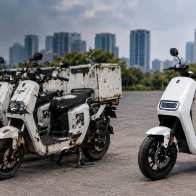 Flota de motos eléctricas usadas junto a una moto eléctrica nueva para representar cuándo renovar la flota eléctrica