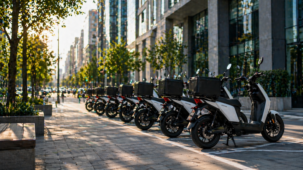 Flota de motos eléctricas de reparto estacionadas en una ciudad moderna.
