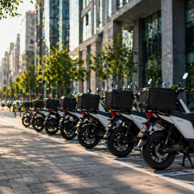Flota de motos eléctricas de reparto estacionadas en una ciudad moderna.