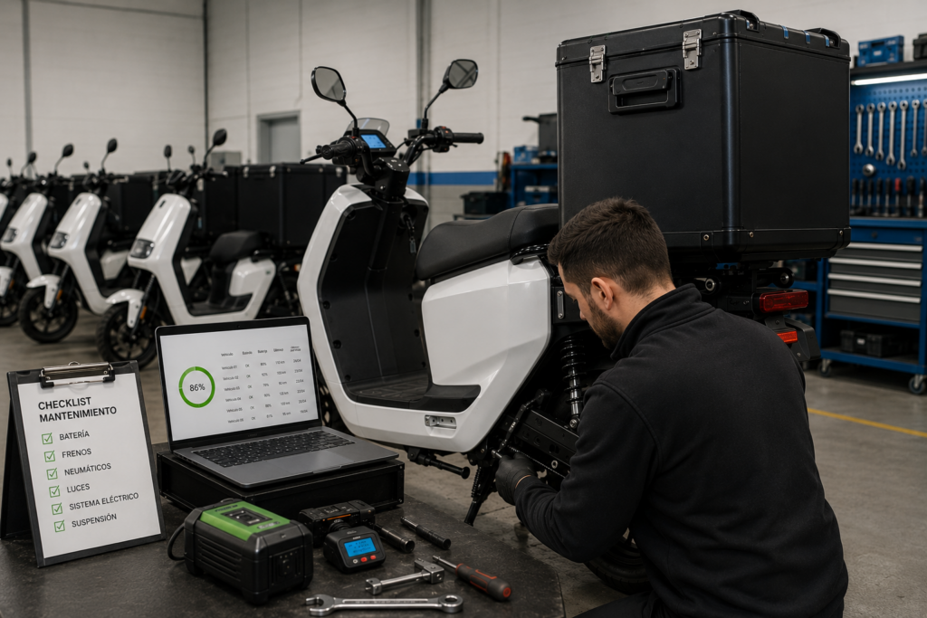 Mecánico revisando una moto eléctrica de reparto en un taller para reducir incidencias en una flota eléctrica