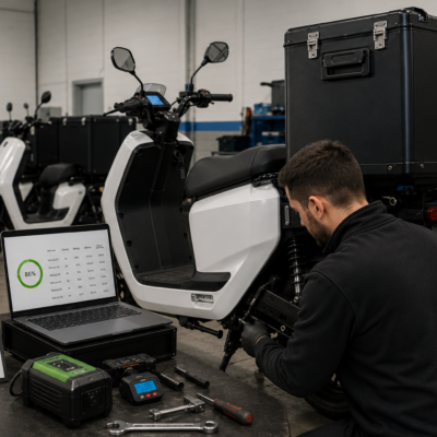 Mecánico revisando una moto eléctrica de reparto en un taller para reducir incidencias en una flota eléctrica