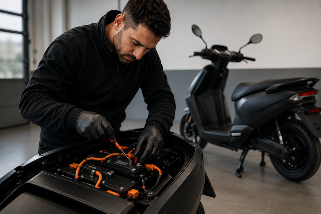Mecánico revisando la batería de una moto eléctrica de reparto en un taller
