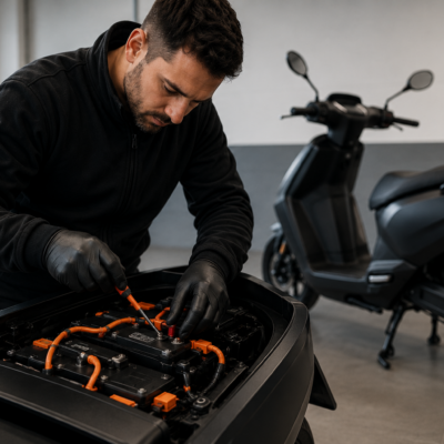 Mecánico revisando la batería de una moto eléctrica de reparto en un taller