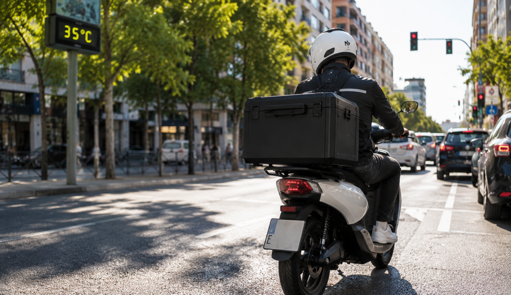 Moto eléctrica de reparto circulando en verano por ciudad con alta temperatura