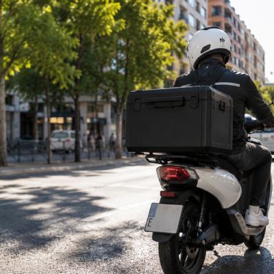 Moto eléctrica de reparto circulando en verano por ciudad con alta temperatura